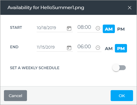 Start date/time and end date/time for an item of content on FWI Cloud playlist