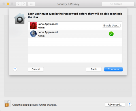 macOS FileVault enablement window asking for each user to type in their password before they will be able to unlock the disk.