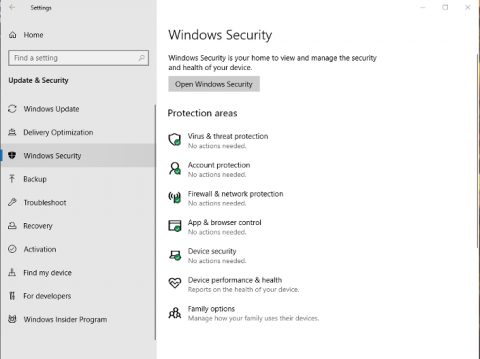 Windows Settings Security window.