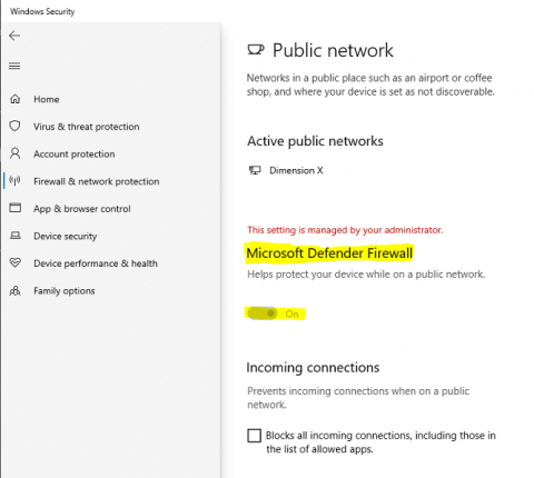 Windows Security preferences with the Microsoft Defender Firewall option highlighted.