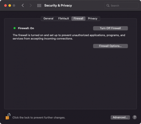 macOS Security & Privacy firewall settings enabled.