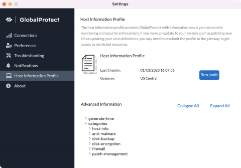 macOS GlobalProtect Settings windows with the Host Information Profile tab selected.
